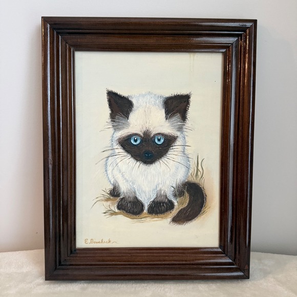 Vintage Siamese Cat Painting Signed E Boscheck Framed Blue Eyes Kitten Art